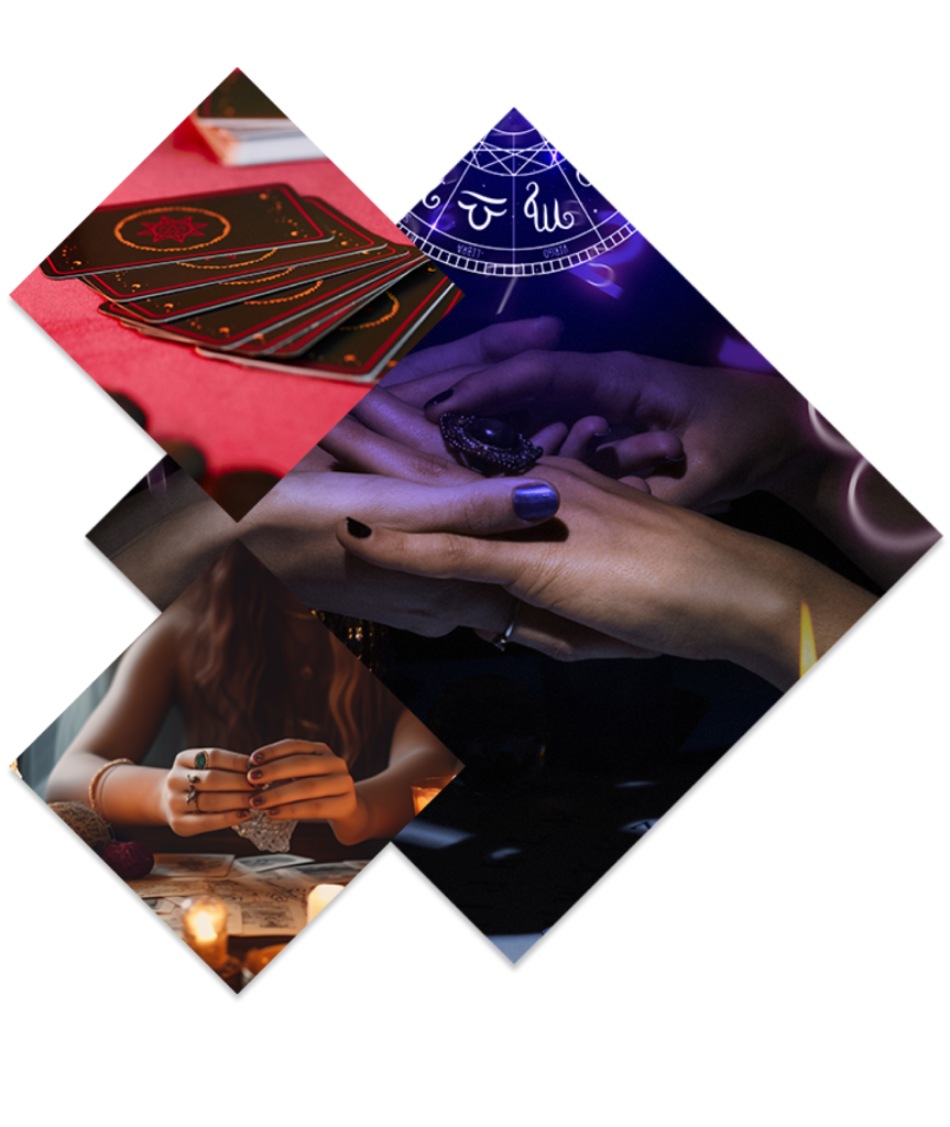 Composición de rombos donde se muestran personas con manos entrelazadas en tonos azules, unas manos sobre la mesa del tarot y unas cartas de tarot repartidas sobre un tejido rojizo - El Templo de Gala -Tarot