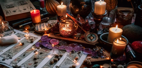 Una ilustración de la mesa de una vidente con velas de colores aunque generalmente blancas encendidas y a medio derretir con elementos mágicos alrededor, también aparecen piedras de minerales redondeadas delante de las velas y cartas de tarot dadas la vuelta en la zona izquierda inferior - El Templo de Gala -Tarot
