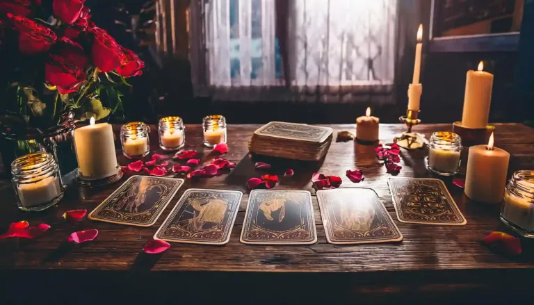 Firefly A realistic and romantic scene of a tarot reading setup on a wooden table by candlelight Th - El templo de Gala - El templo de Gala